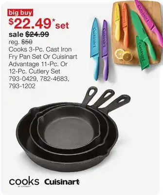 JC Penney Cooks 3-Pc. Cast Iron Fry Pan Set Or Cuisinart Advantage 11-Pc. Or 12-Pc. Cutlery Set offer