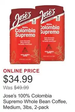 Costco Jose's 100% Colombia Supremo Whole Bean Coffee, Medium, 3lbs, 2-pack offer