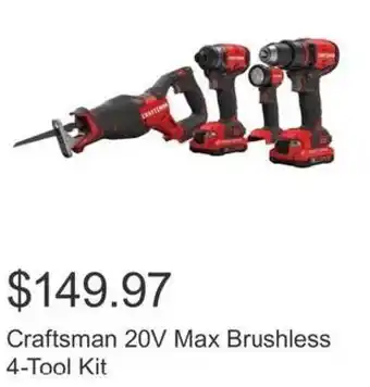 Costco Craftsman 20V Max Brushless 4-Tool Kit offer