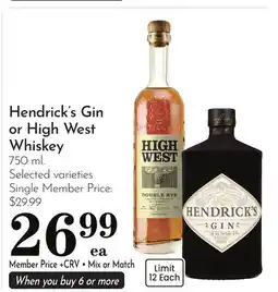 Pavilions Hendrick's Gin or High West Whiskey offer