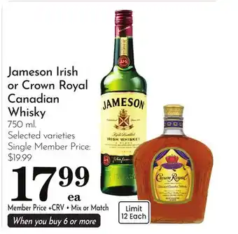 Pavilions Jameson Irish or Crown Royal Canadian Whisky offer