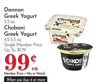 Pavilions Dannon Greek Yogurt 5.3 oz. Chobani Greek Yogurt 4.5-5.3 oz offer