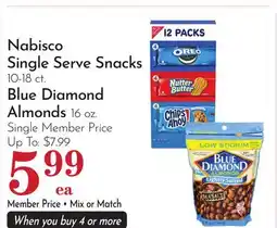 Pavilions Nabisco Single Serve Snacks 10-18 ct. Blue Diamond Almonds 16 oz offer