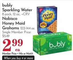 Pavilions bubly Sparkling Water 8 pack, 12 oz., Nabisco Honey Maid Grahams 12.2-14.4 oz offer