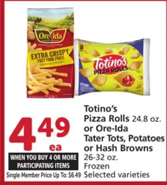 Vons Totino's Pizza Rolls 24.8 oz. or Ore-Ida Tater Tots, Potatoes or Hash Browns 26-32 oz offer