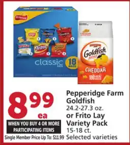 Vons Pepperidge Farm Goldfish 24.2-27.3 oz. or Frito Lay Variety Pack 15-18 ct offer