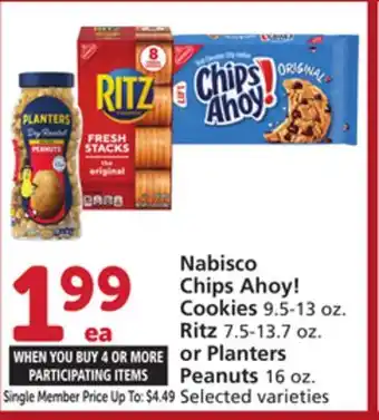 Vons Nabisco Chips Ahoy! Cookies 9.5-13 oz. Ritz 7.5-13.7 oz. or Planters Peanuts 16 oz offer