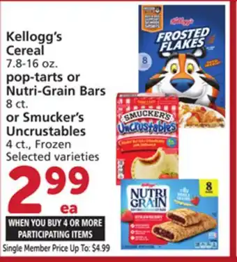 Vons Kellogg's Cereal 7.8-16 oz. pop-tarts or Nutri-Grain Bars 8 ct. or Smucker's Uncrustables 4 ct offer