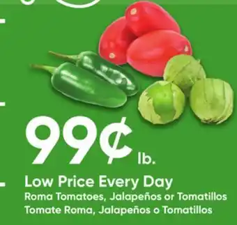 Stater Bros Roma Tomatoes, Jalapeños or Tomatillos offer