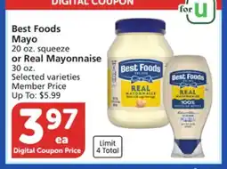 Vons Best Foods Mayo 20 oz. squeeze or Real Mayonnaise 30 oz offer