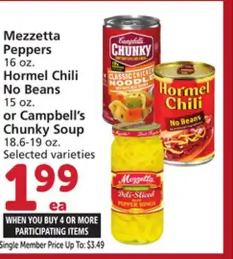 Vons Mezzetta Peppers 16 oz. Hormel Chili No Beans 15 oz. or Campbell's Chunky Soup 18.6-19 oz offer