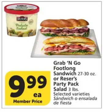 Vons Grab'N Go Footlong Sandwich 27-30 oz. or Reser's Party Pack Salad 3 lbs offer