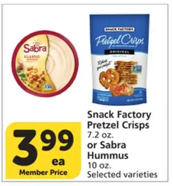 Vons Snack Factory Pretzel Crisps 7.2 oz. or Sabra Hummus 10 oz offer