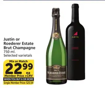 Vons Justin or Roederer Estate Brut Champagne offer