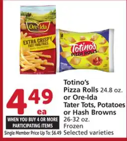 Albertsons Totino's Pizza Rolls 24.8 oz. or Ore-Ida Tater Tots, Potatoes or Hash Browns 26-32 oz. Frozen offer