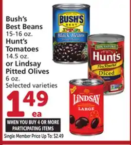 Albertsons Bush's Best Beans 15-16 oz. Hunt's Tomatoes 14.5 oz. or Lindsay Pitted Olives 6 oz offer