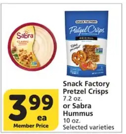 Albertsons Snack Factory Pretzel Crisps 7.2 oz. or Sabra Hummus 10 oz offer