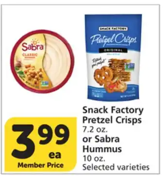 Albertsons Snack Factory Pretzel Crisps 7.2 oz. or Sabra Hummus 10 oz offer