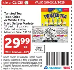 Albertsons Twisted Tea, Topo Chico or White Claw Hard Seltzer Variety offer