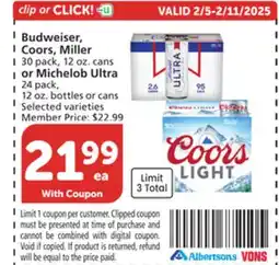 Albertsons Budweiser, Coors, Miller 30 pack, 12 oz. cans or Michelob Ultra 24 pack, 12 oz. bottles or cans offer