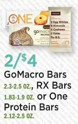 Heinen's GoMacro Bars 2.3-2.5 OZ., RX Bars 1.83-1.9 OZ. or One Protein Bars 2.12-2.5 OZ offer