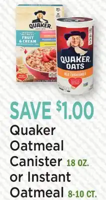 Heinen's Quaker Oatmeal Canister 18 OZ. or Instant Oatmeal 8-10 CT offer