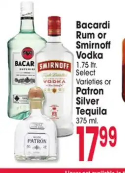 Jewel-Osco Bacardi Rum or Smirnoff Vodka 1.75 ltr. Select Varieties or Patron Silver Tequila 375 ml offer