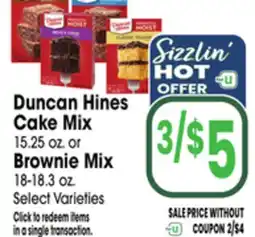 Jewel-Osco Duncan Hines Cake Mix 15.25 oz. or Brownie Mix 18-18.3 oz offer