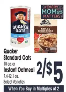 Jewel-Osco Quaker Standard Oats 18 oz. or Instant Oatmeal 7.4-12.1 oz offer