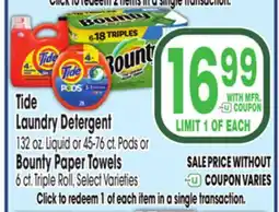 Jewel-Osco Tide Laundry Detergent 132 oz. Liquid or 45-76 ct. Pods or Bounty Paper Towels 6 ct. Triple Roll offer