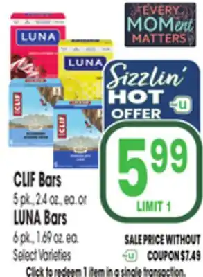 Jewel-Osco CLIF Bars 5 pk., 2.4 oz., ea. or LUNA Bars 6 pk., 1.69 oz. ea offer