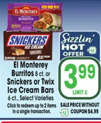 Jewel-Osco El Monterey Burritos 8 ct. or Snickers or Twix Ice Cream Bars 6 ct offer