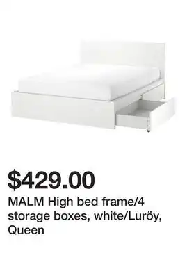 Ikea MALM High bed frame/4 storage boxes, white/Luröy, Queen offer