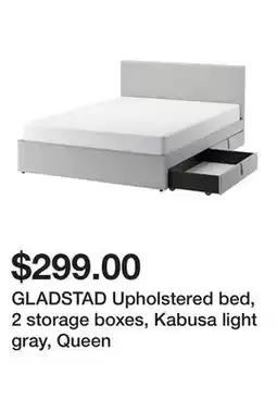 Ikea GLADSTAD Upholstered bed, 2 storage boxes, Kabusa light gray, Queen offer