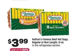 Grocery Outlet Nathan's Famous Beef Hot Dogs, regular or Bun Length, 12 oz offer