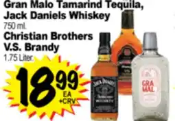 Superior Grocers Gran Malo Tamarind Tequila, Jack Daniels Whiskey 750 ml., Christian Brothers V.S. Brandy 1.75 Liter offer