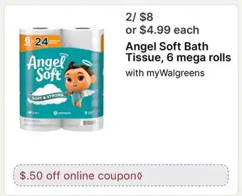 Walgreens Angel Soft Bath Tissue, 6 mega rolls offer