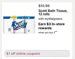 Walgreens Scott Bath Tissue, 12 rolls offer