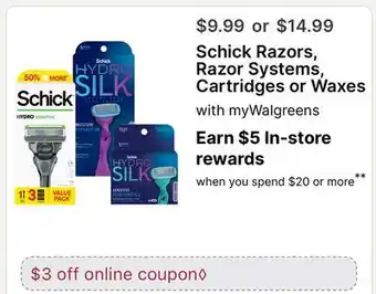 Walgreens Schick Razors, Razor Systems, Cartridges or Waxes offer