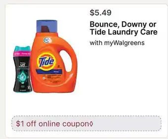 Walgreens Bounce, Downy or Tide Laundry Care offer