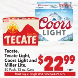 Vallarta Supermarkets Tecate, Tecate Light, Coors Light and Miller Lite offer