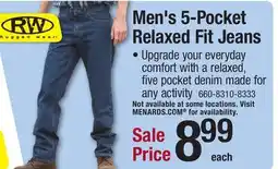 Menards RW Rugged Wear 32 x 30 Dark Wash Men's 5-Pocket Denim Jeans offer