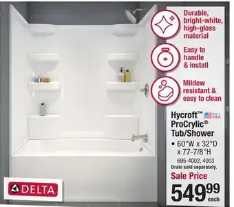 Menards Delta Hycroft ProCrylic 60W x 32D x 77-7/8H White Tub/Shower with Left Drain (4-Piece) offer