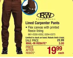 Menards RW Rugged Wear 32 x 30 Dark Brown Men's Fleece-Lined Carpenter Pants offer