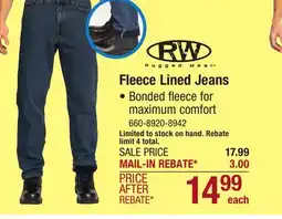 Menards RW Rugged Wear 32 x 30 Medium Wash Men's Fleece-Lined 5-Pocket Denim Jeans offer