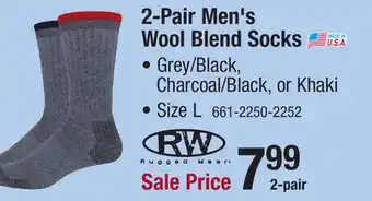 Menards RW Rugged Wear Men's Merino Wool Blend Crew Grey/Black Large Work Socks - 2 Pairs offer