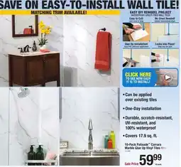 Menards Palisade 23.2 x 11.1 Carrara Marble Glue Up Vinyl Wall/Backsplash Tile - 10 Pack offer