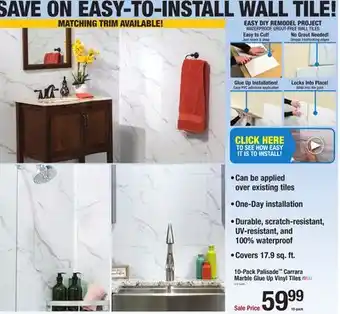 Menards Palisade 23.2 x 11.1 Carrara Marble Glue Up Vinyl Wall/Backsplash Tile - 10 Pack offer