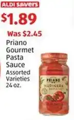 Aldi Priano Gourmet Pasta Sauce Assorted Varieties offer