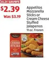 Aldi Appetitos Mozzarella Sticks or Cream Cheese Stuffed Jalapenos offer